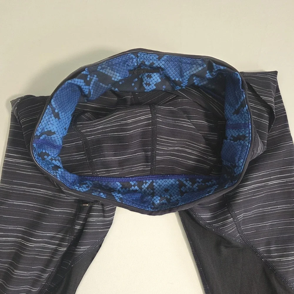 Lululemon Speed Crop Cyber Stripe Size 6 Naval Blue‎ Black Leggings Women